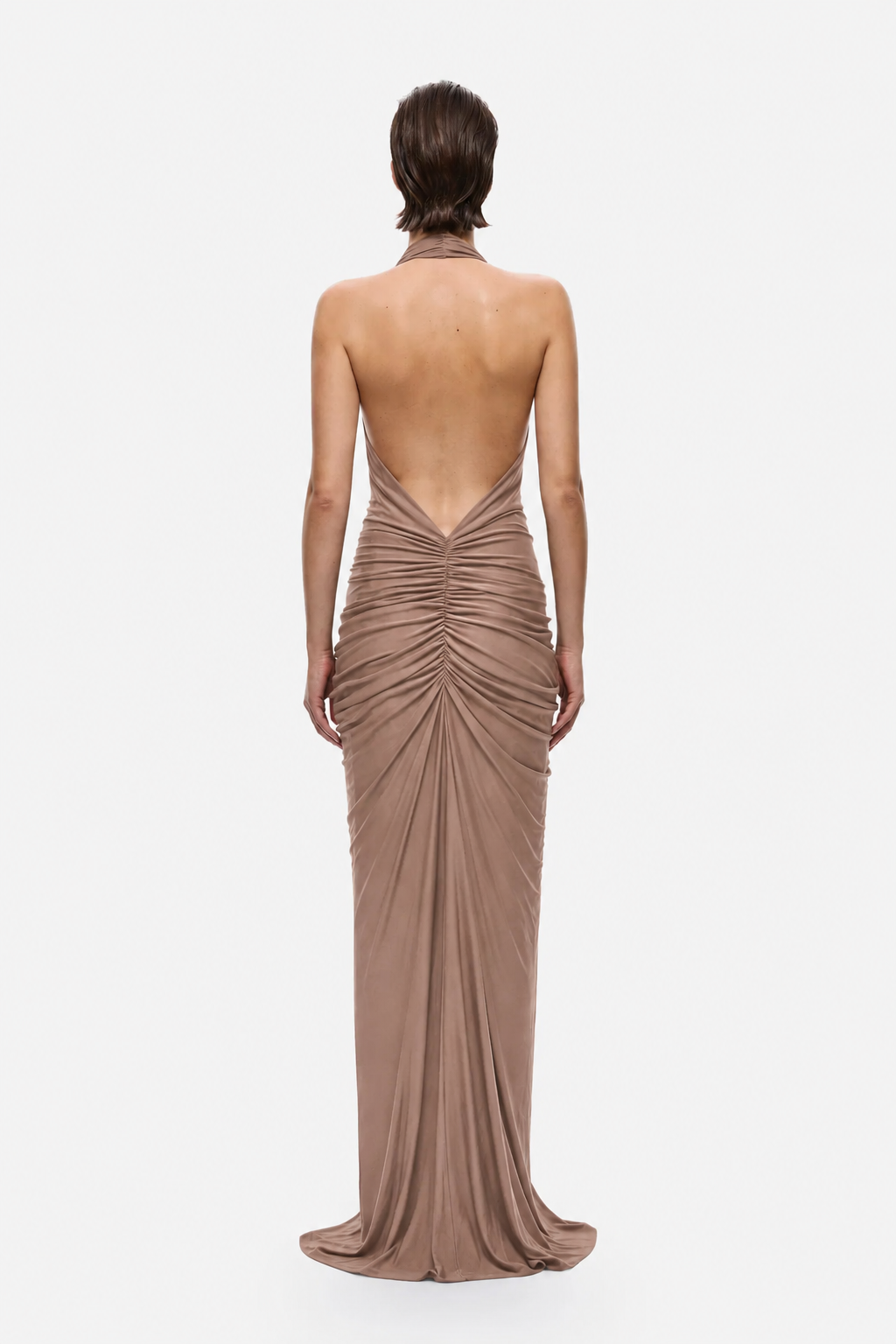 Mocha cupro gathered maxi dress with open back V and central ruched panel